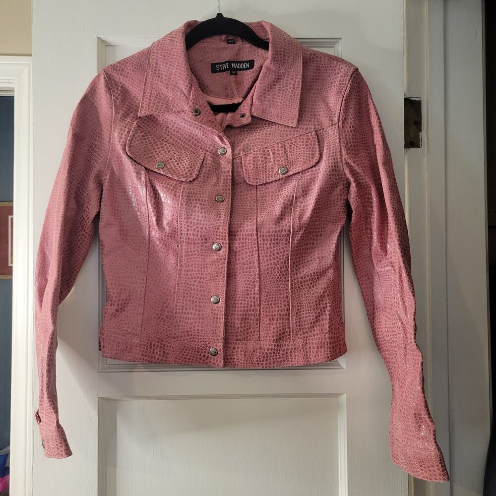 Steve Madden Genuine Leather Jacket M Pink Lizard Y2K Cropped Snap Baddie
